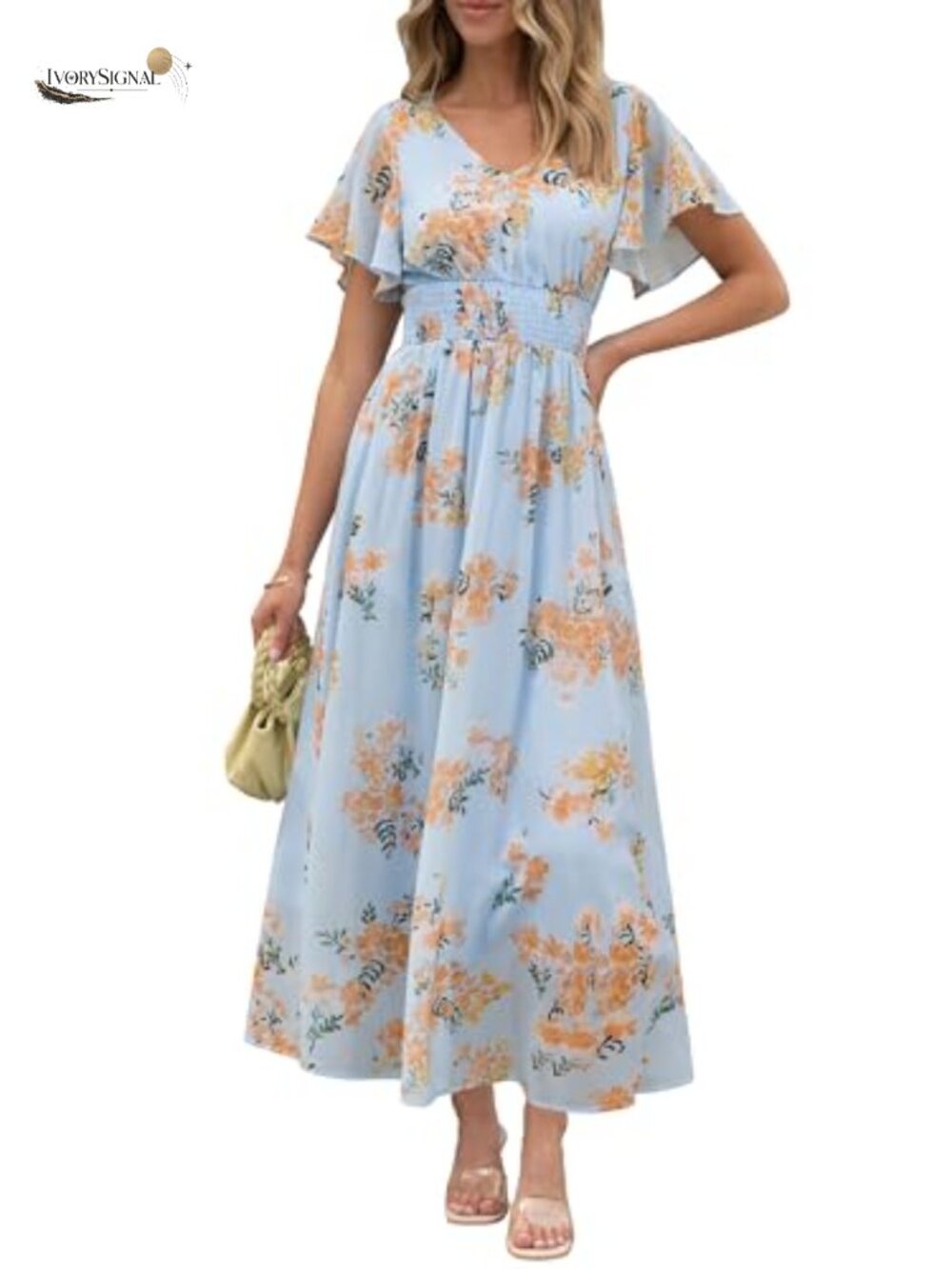 ANRABESS Floral Maxi Dress V-Neck Short Sleeve Chiffon A-Line Beach Wedding